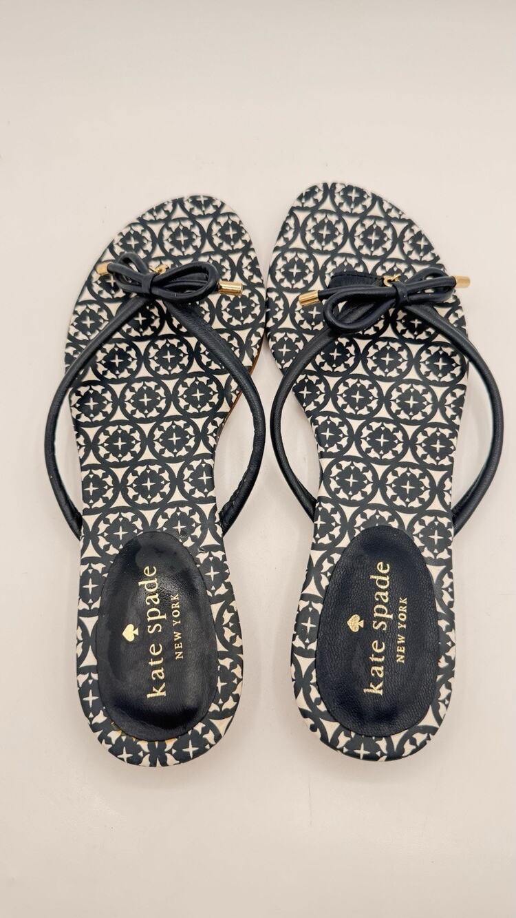 Kate Spade Mystic Black/White Bow Flat Flip Flop Thong Women's Sandal Sz 7.5EUC